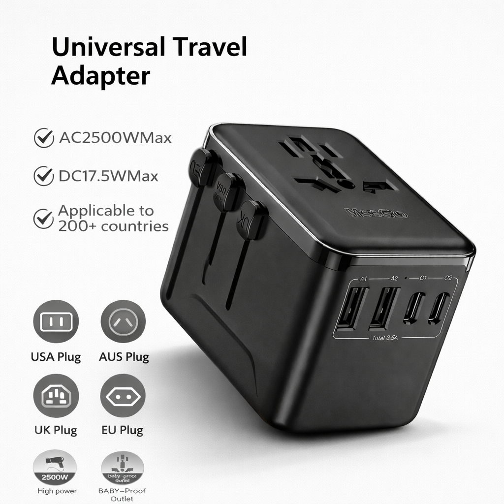 Universal Travel Adapter – 2500W Fast Charging | Worldwide Compatible