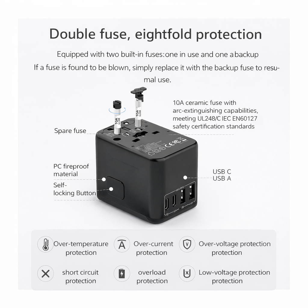 Universal Travel Adapter – 2500W Fast Charging | Worldwide Compatible
