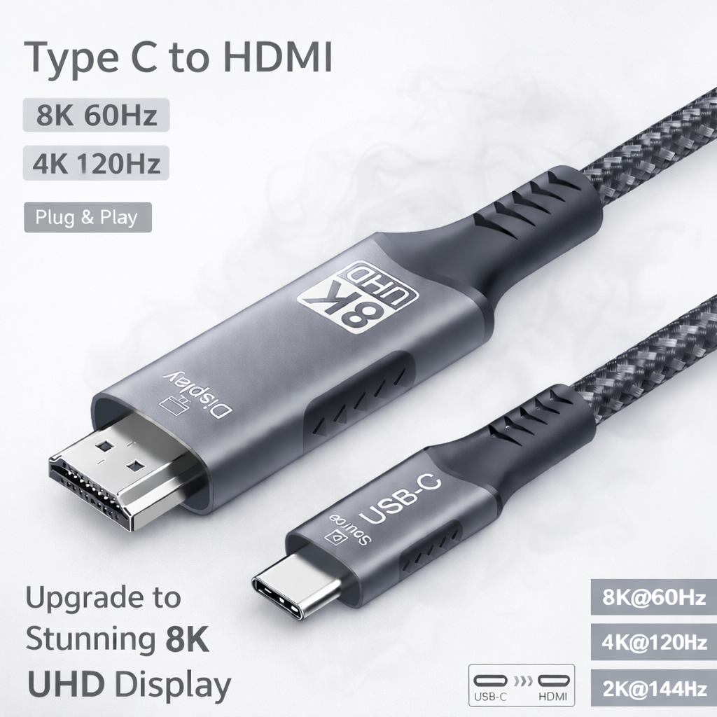 FDBRO USB-C to HDMI 2.1 Cable – 8K@60Hz / 4K@120Hz High-Speed Type-C to HDMI Adapter (48Gbps)