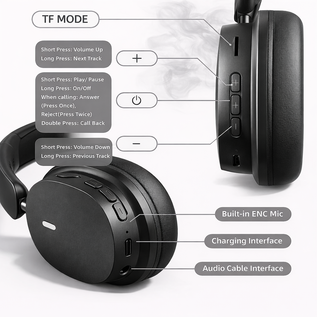 Foldable Wireless Bluetooth Headphones with Noise Cancellation & Built-In Mic